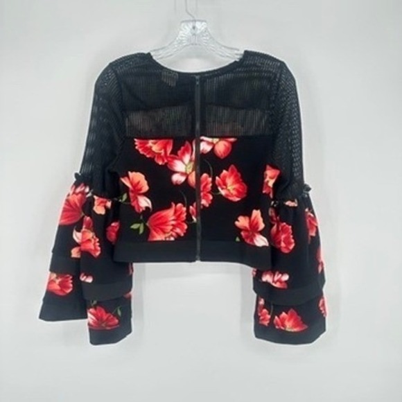 Impulse Black Red Floral Mesh Ruffle Sleeve Cropped Top Medium - Picture 15 of 16